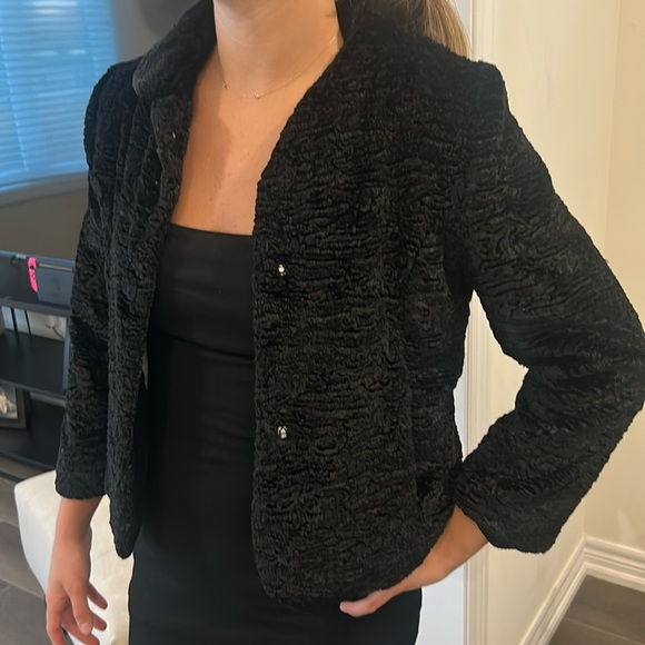 GAP Black Faux Persian Fur Blazer 3/4 Sleeves Jacket Teal Lining Women size S - Picture 4 of 17